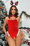 SİA Kırmızı Yılbaşı Temalı Seksi Kostüm Bodysuit 15082